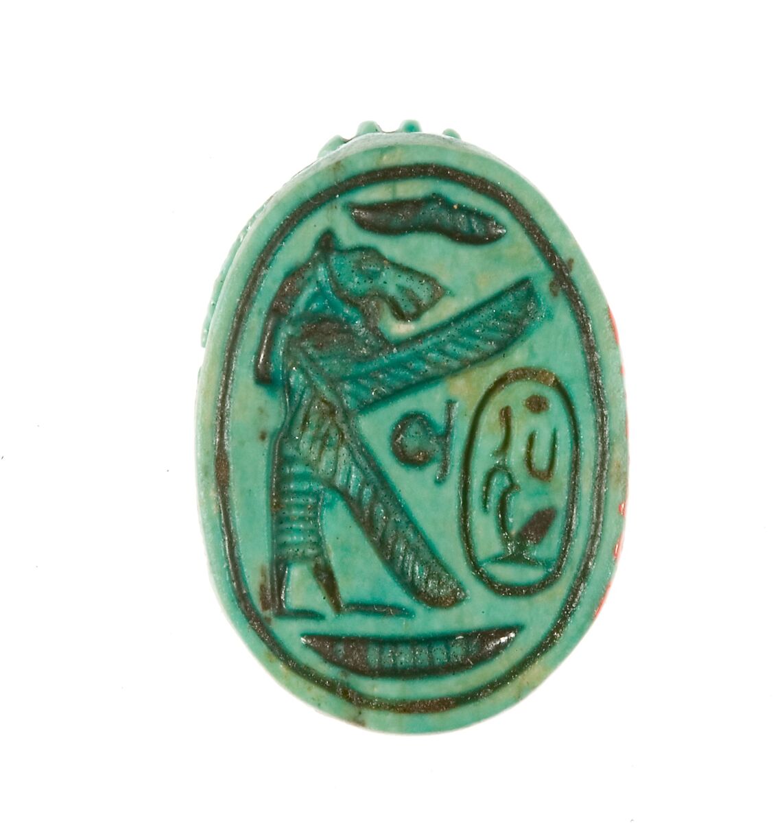 Scarab with Lion-headed Goddess Protecting Maatkare, Steatite (glazed) 