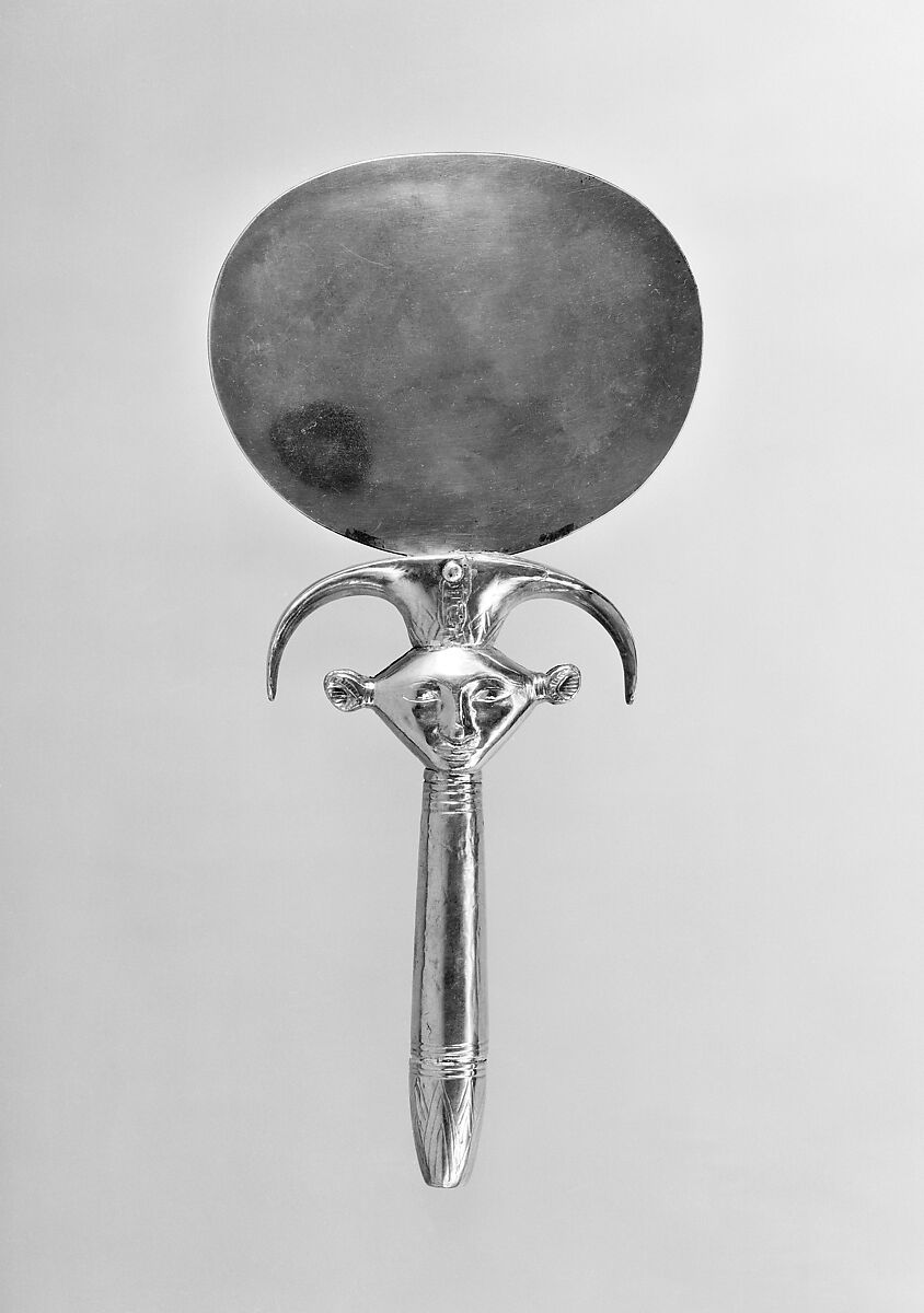 Mirror with Handle in the Form of a Hathor Emblem, Disk: silver; handle: wood (modern) sheathed in gold (ancient)