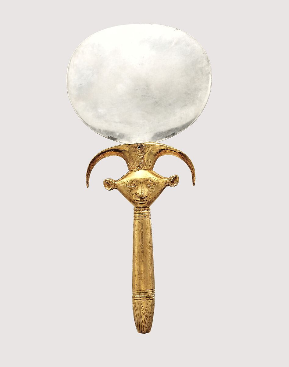 Mirror with Handle in the Form of a Hathor Emblem, Disk: silver; handle: wood (modern) sheathed in gold (ancient)