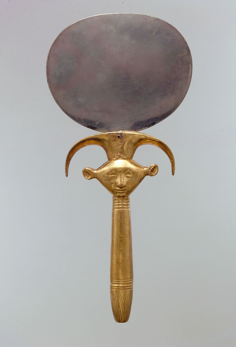 Mirror with Handle in the Form of a Hathor Emblem, Disk: silver; handle: wood (modern) sheathed in gold (ancient)