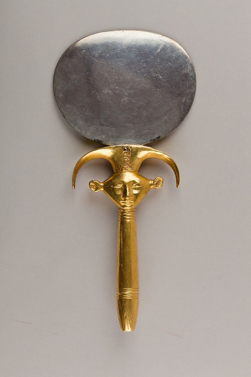 Mirror with Handle in the Form of a Hathor Emblem, Disk: silver; handle: wood (modern) sheathed in gold (ancient) 