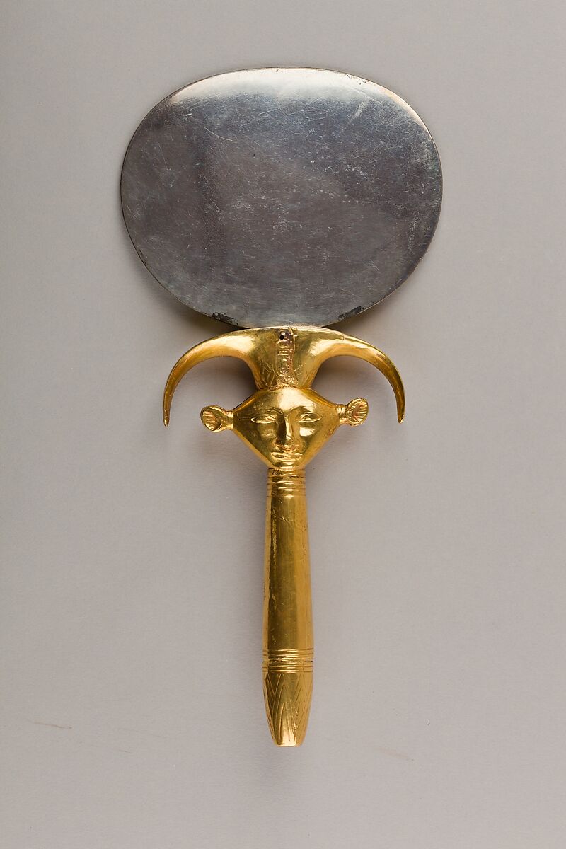 Mirror with Handle in the Form of a Hathor Emblem, Disk: silver; handle: wood (modern) sheathed in gold (ancient)