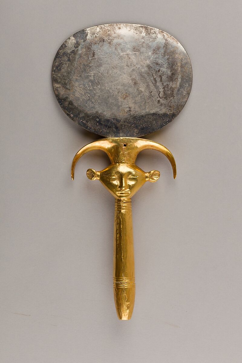 Mirror with Handle in the Form of a Hathor Emblem, Disk: silver; handle: wood (modern) sheathed in gold (ancient)
