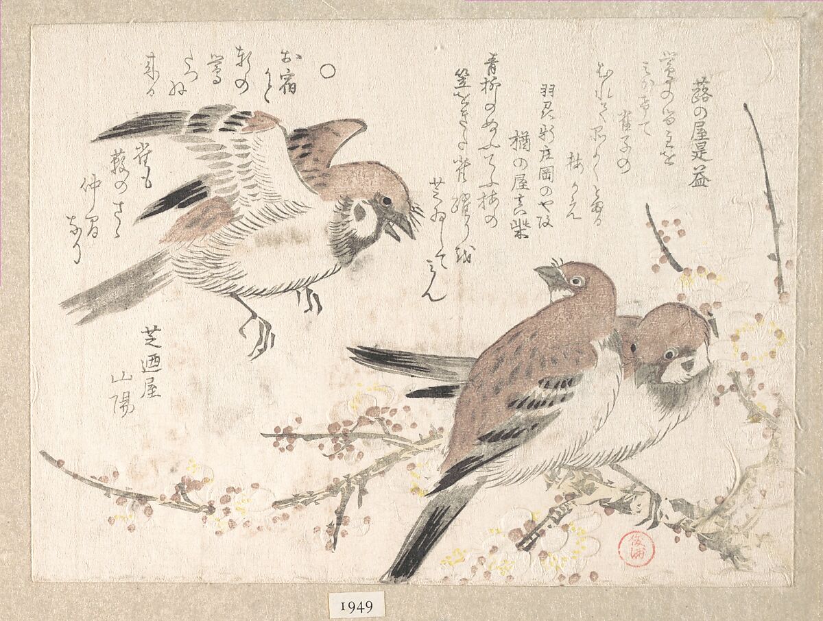 Sparrows and Plum Blossoms, Kubo Shunman (Japanese, 1757–1820), Woodblock print (surimono); ink and color on paper, Japan 