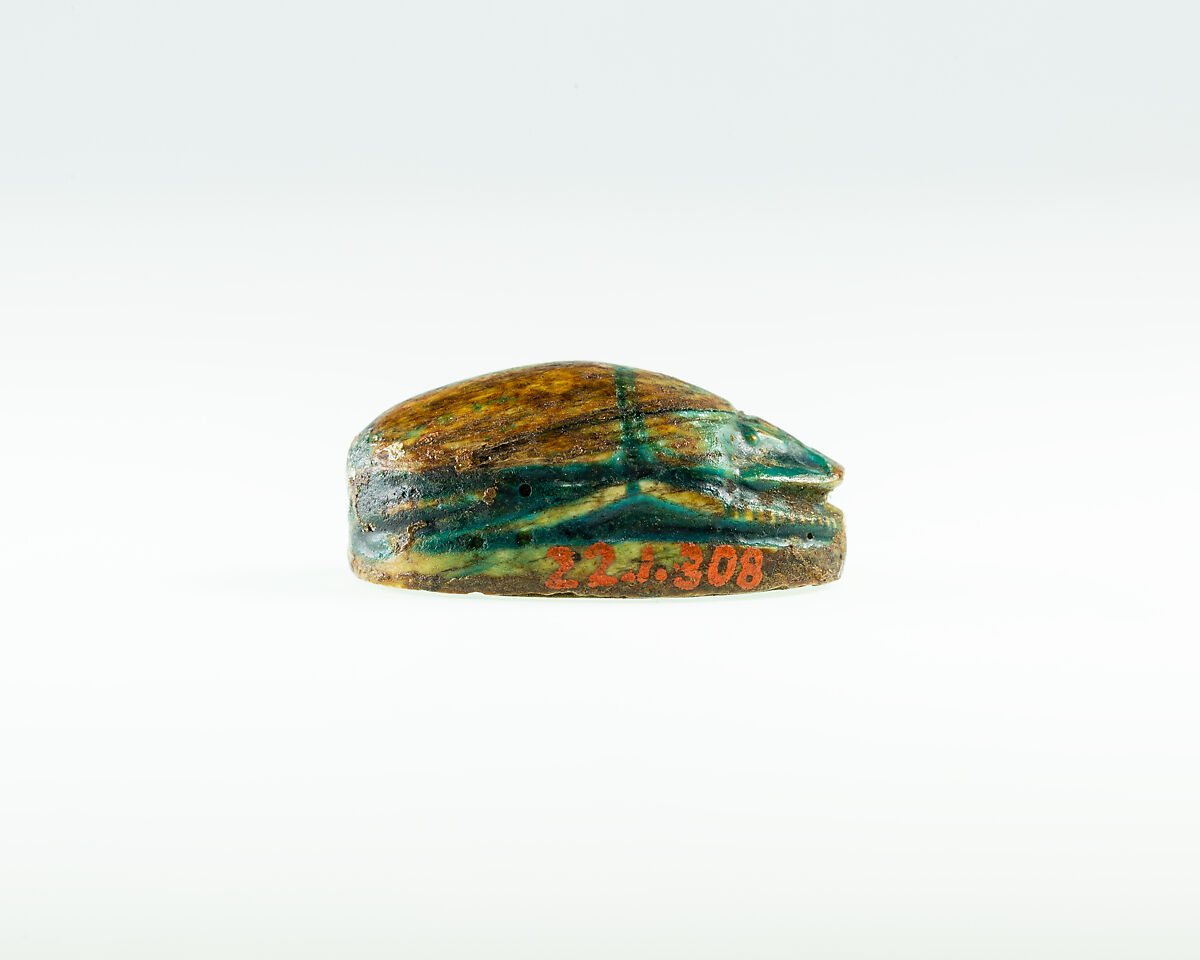 Scarab with Hieroglyphs and Hathor Sistrum, Green glazed steatite