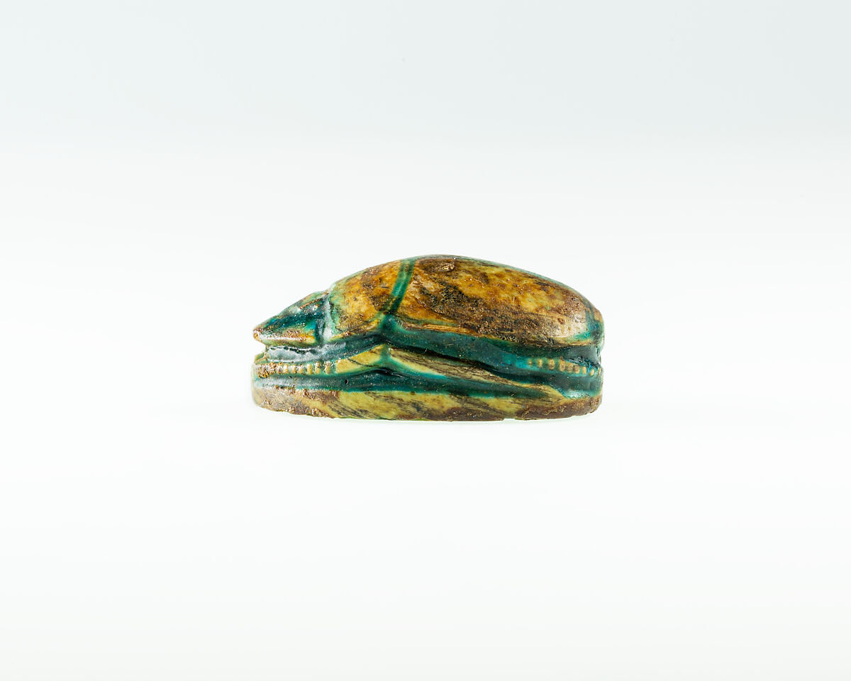 Scarab with Hieroglyphs and Hathor Sistrum, Green glazed steatite