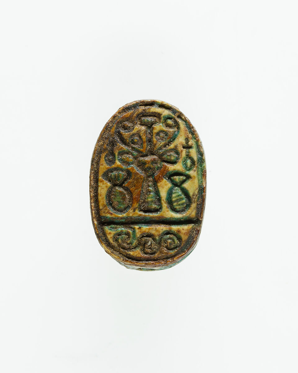 Scarab with Hieroglyphs and Hathor Sistrum, Green glazed steatite 