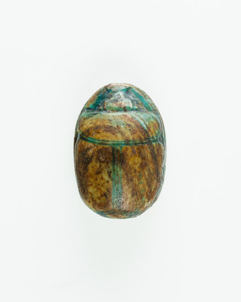 Scarab with Hieroglyphs and Hathor Sistrum, Green glazed steatite