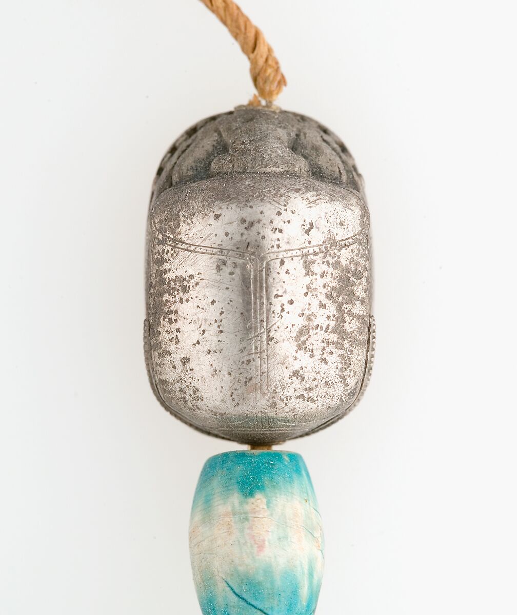 Scarab Bracelet of Wah, Silver, electrum, glazed steatite, linen cord