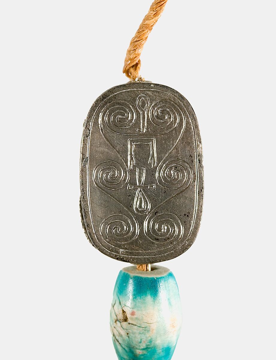 Scarab Bracelet of Wah, Silver, electrum, glazed steatite, linen cord