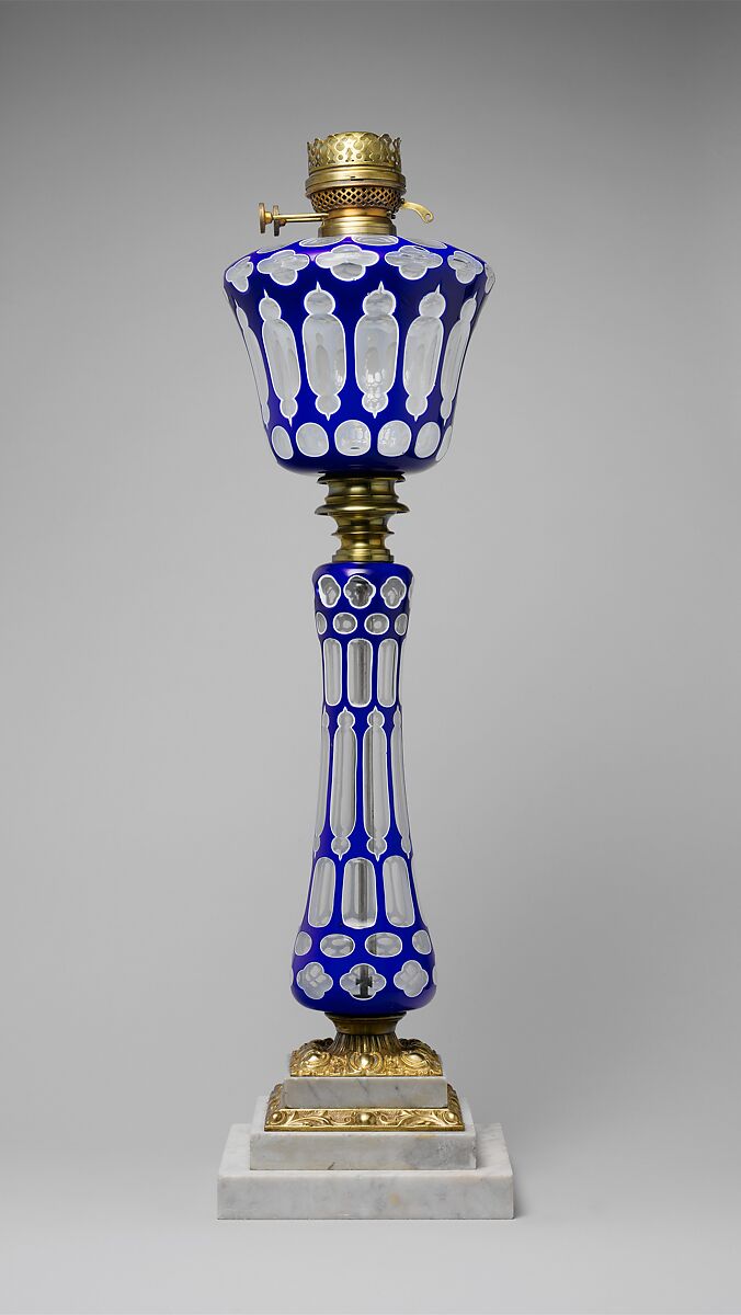 Lamp, Possibly Boston &amp; Sandwich Glass Company (American, 1825–1888, Sandwich, Massachusetts), Blown and cut glass, marble, brass, American 