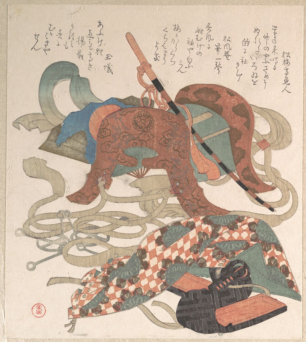 Saddle and Other Pieces of Harness, Kubo Shunman (Japanese, 1757–1820), Woodblock print (surimono); ink and color on paper, Japan 