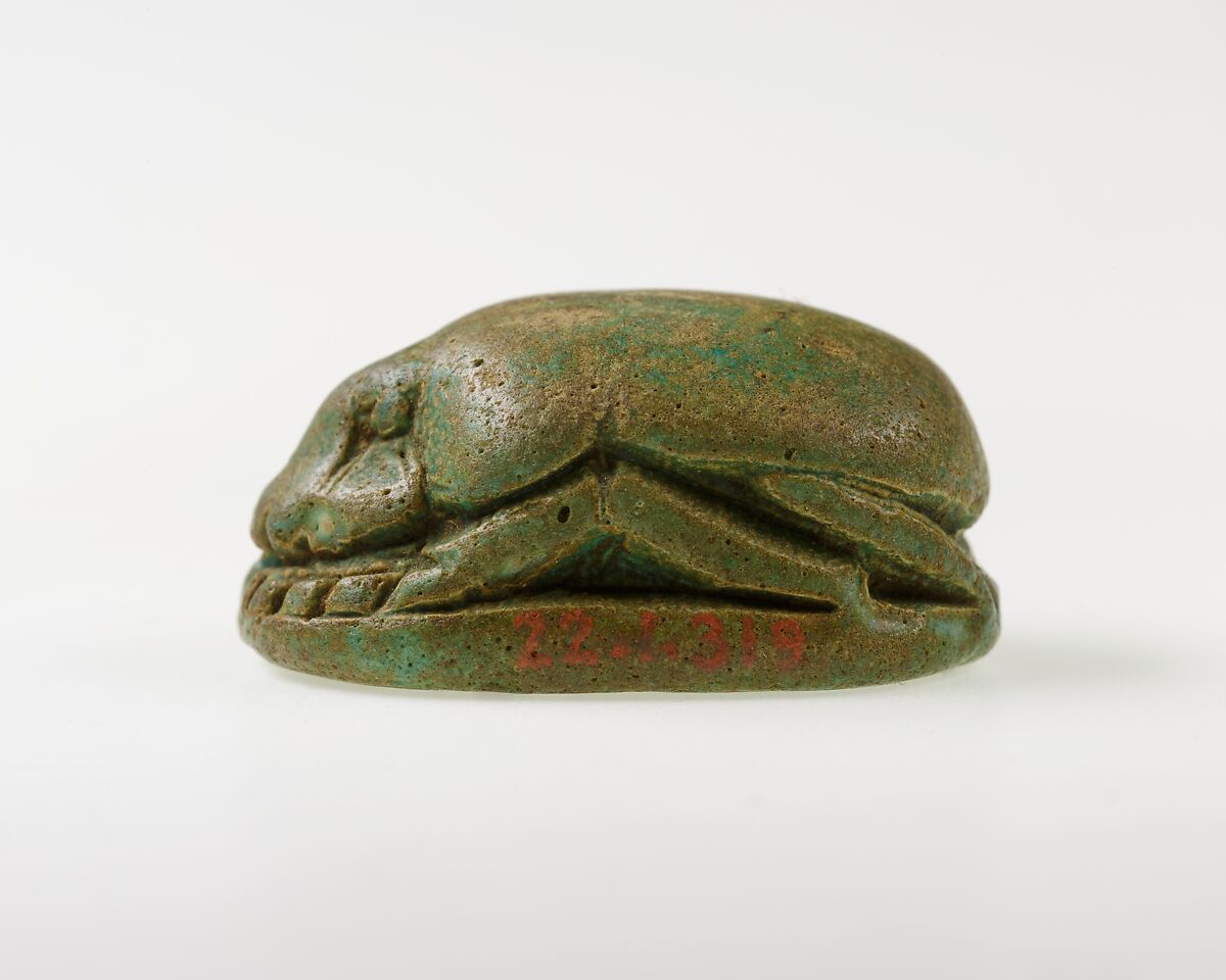 Scarab Incised with Nefer Signs and Scrolls, Green glazed faience