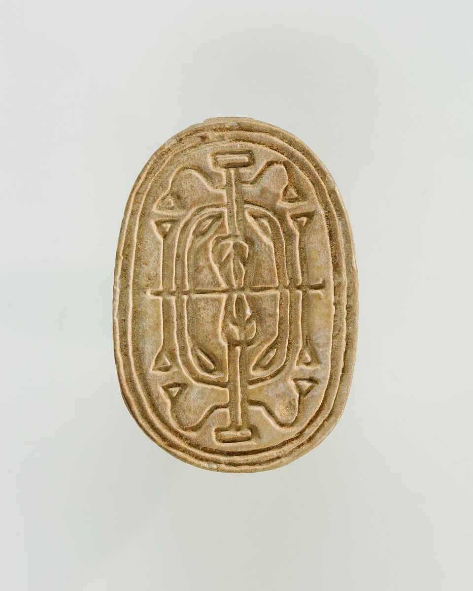 Scarab Decorated with Symbol of Unification, Faience, traces of green glaze 