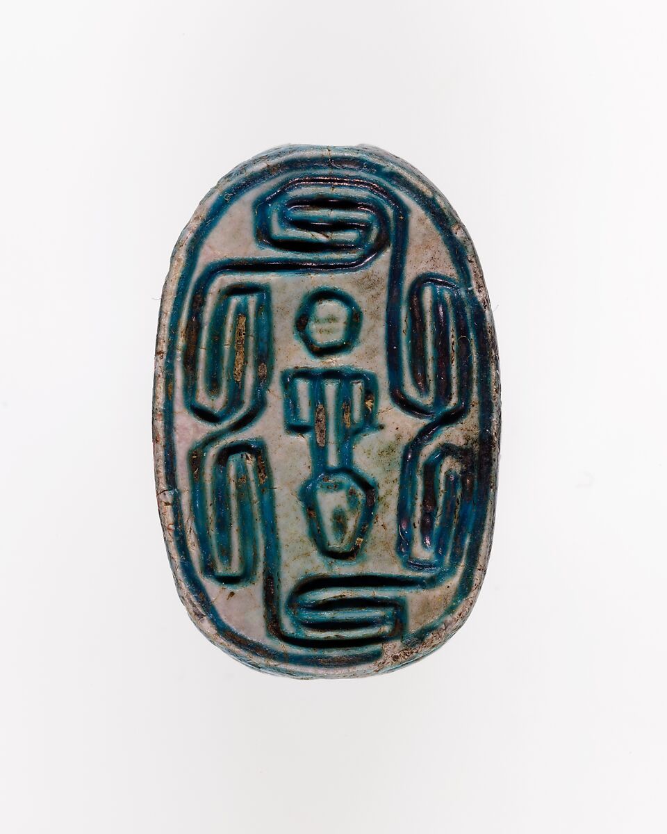 Scarab Inscribed with Hieroglyphs in a Scroll Border, Bright blue glazed steatite 
