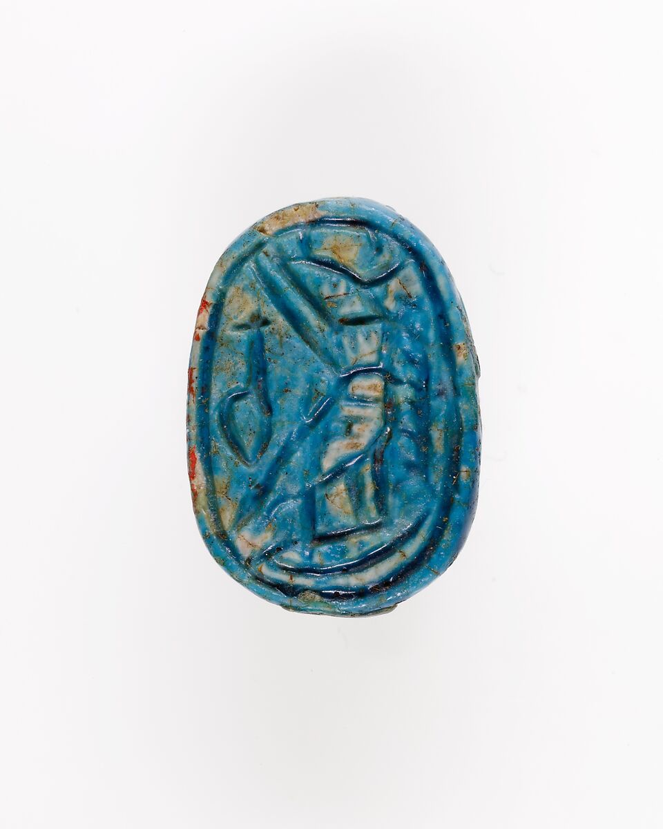 Scarab with the Representation of a Falcon and Hieroglyphs, Bright blue glazed steatite 