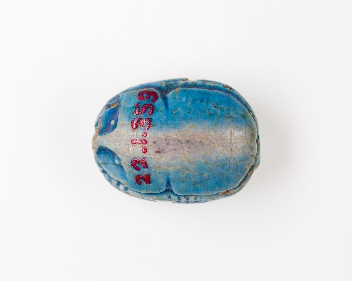 Scarab Decorated with Scrolls, Blue glazed steatite