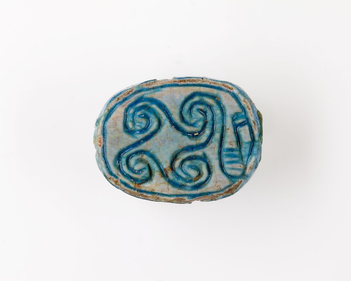 Scarab Decorated with Scrolls, Blue glazed steatite 