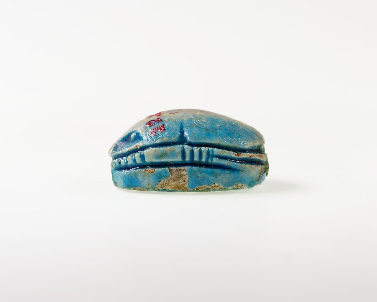 Scarab Decorated with Scrolls, Blue glazed steatite