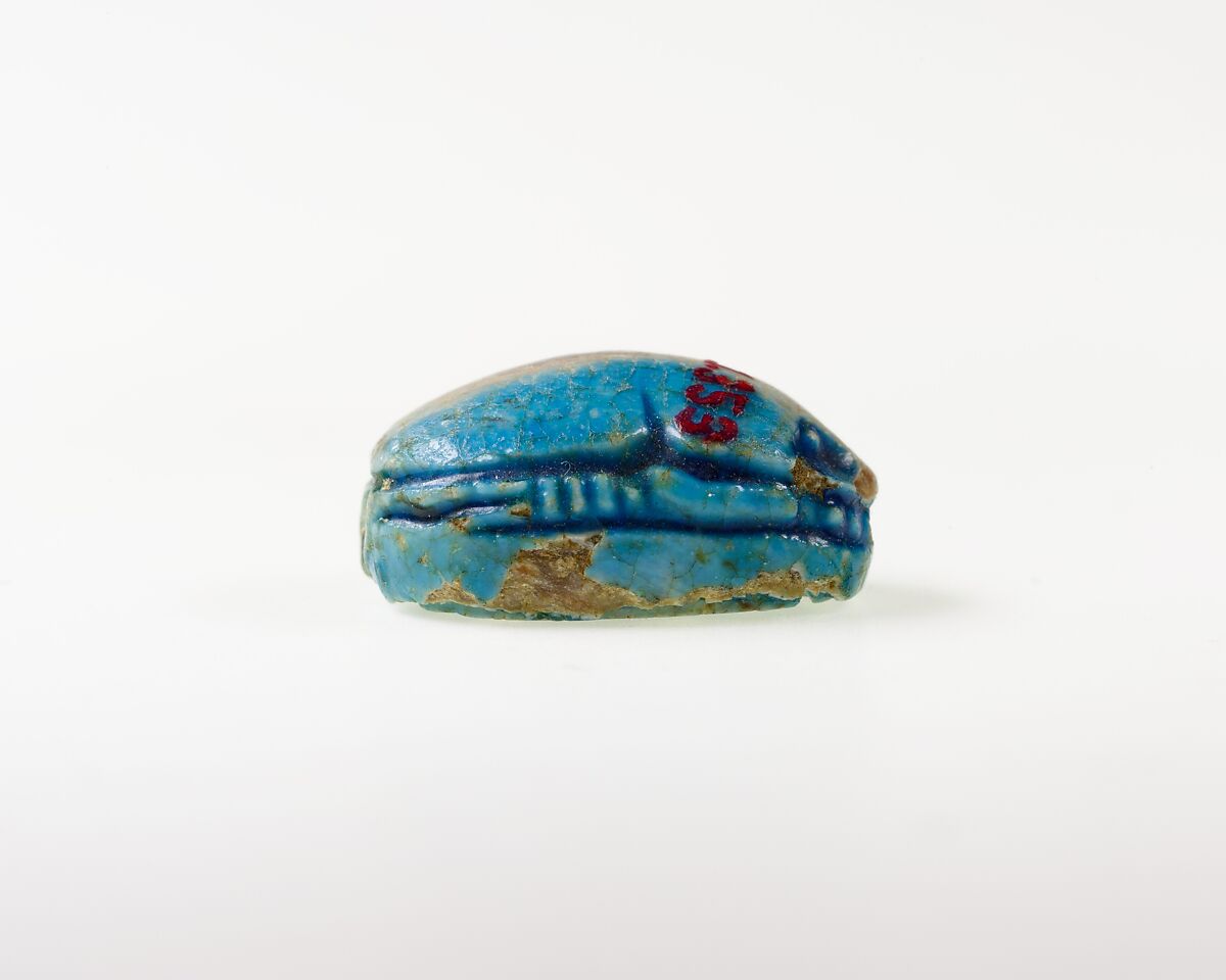 Scarab Decorated with Scrolls, Blue glazed steatite