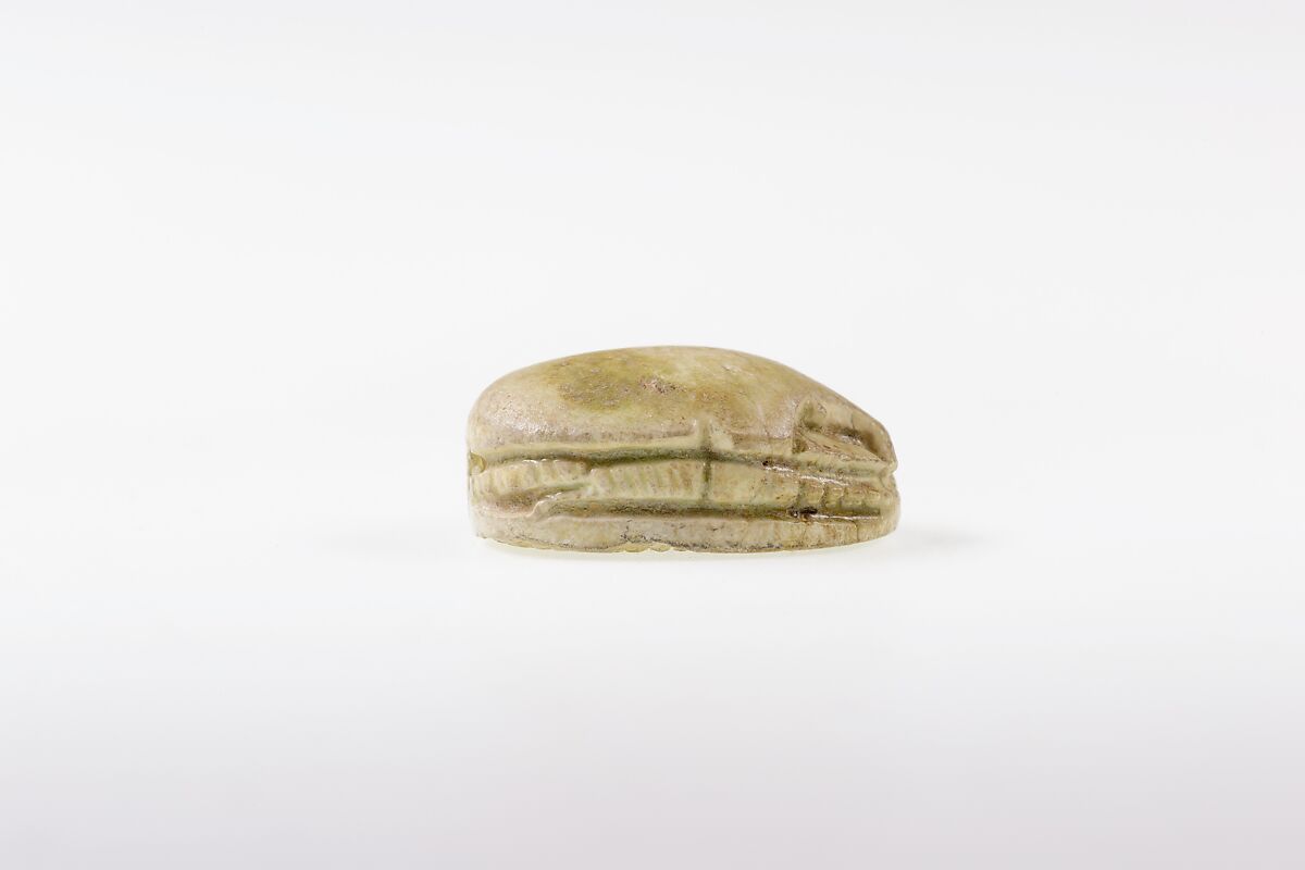 Scarab Inscribed with Hieroglyphs in a Rope Border, Steatite, traces of green glaze