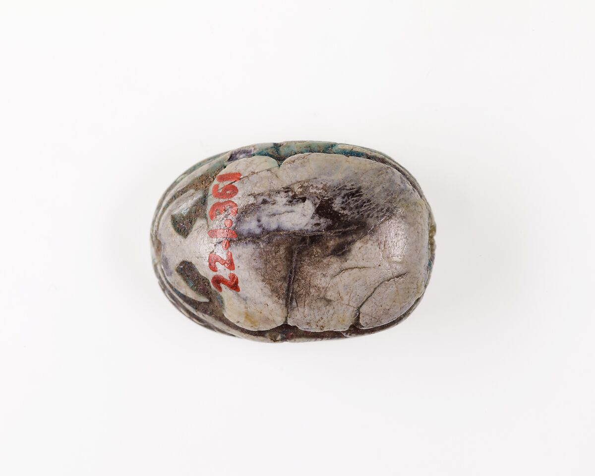 Scarab Decorated with Symbol of Unification, Glazed steatite, traces of blue glaze