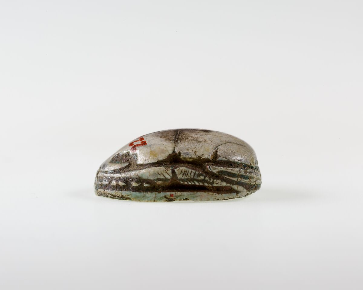 Scarab Decorated with Symbol of Unification, Glazed steatite, traces of blue glaze