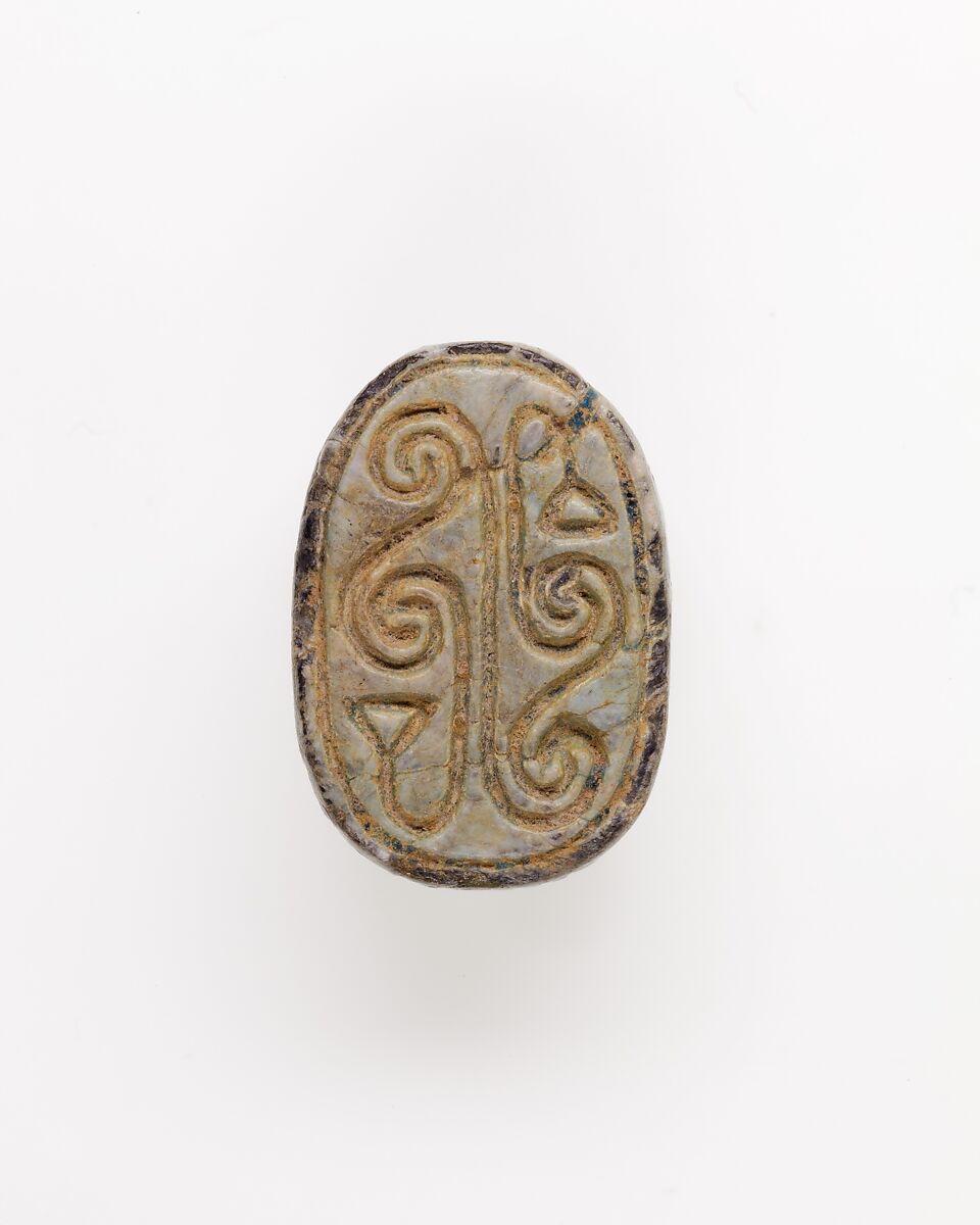 Scarab Decorated with Scrolls and Papyrus, Green glazed steatite 