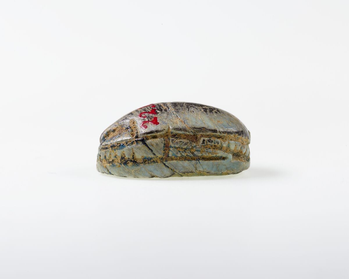 Scarab Decorated with Scrolls and Papyrus, Green glazed steatite