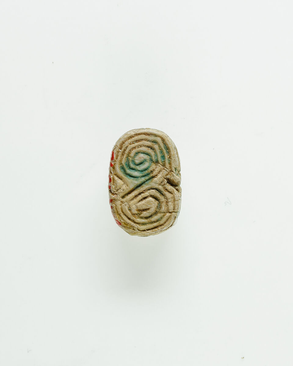 Scarab Decorated with Scroll, Steatite, traces of green glaze 