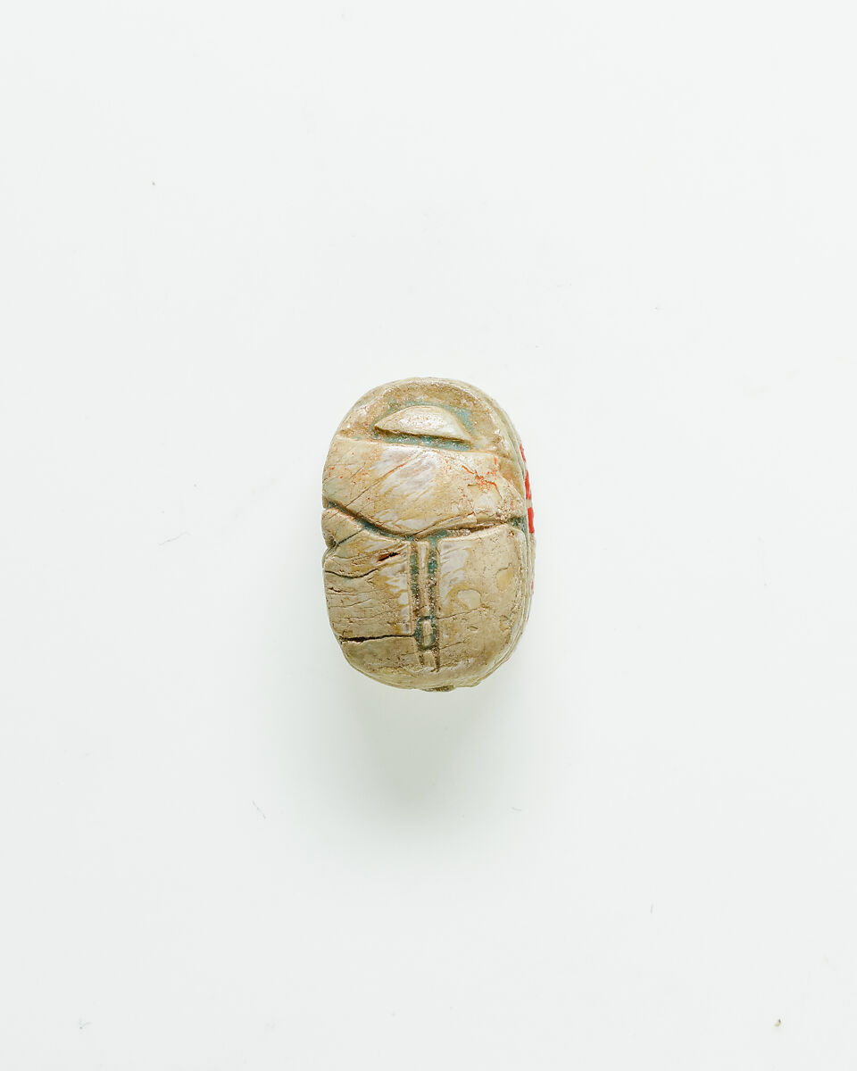 Scarab Decorated with Scroll, Steatite, traces of green glaze