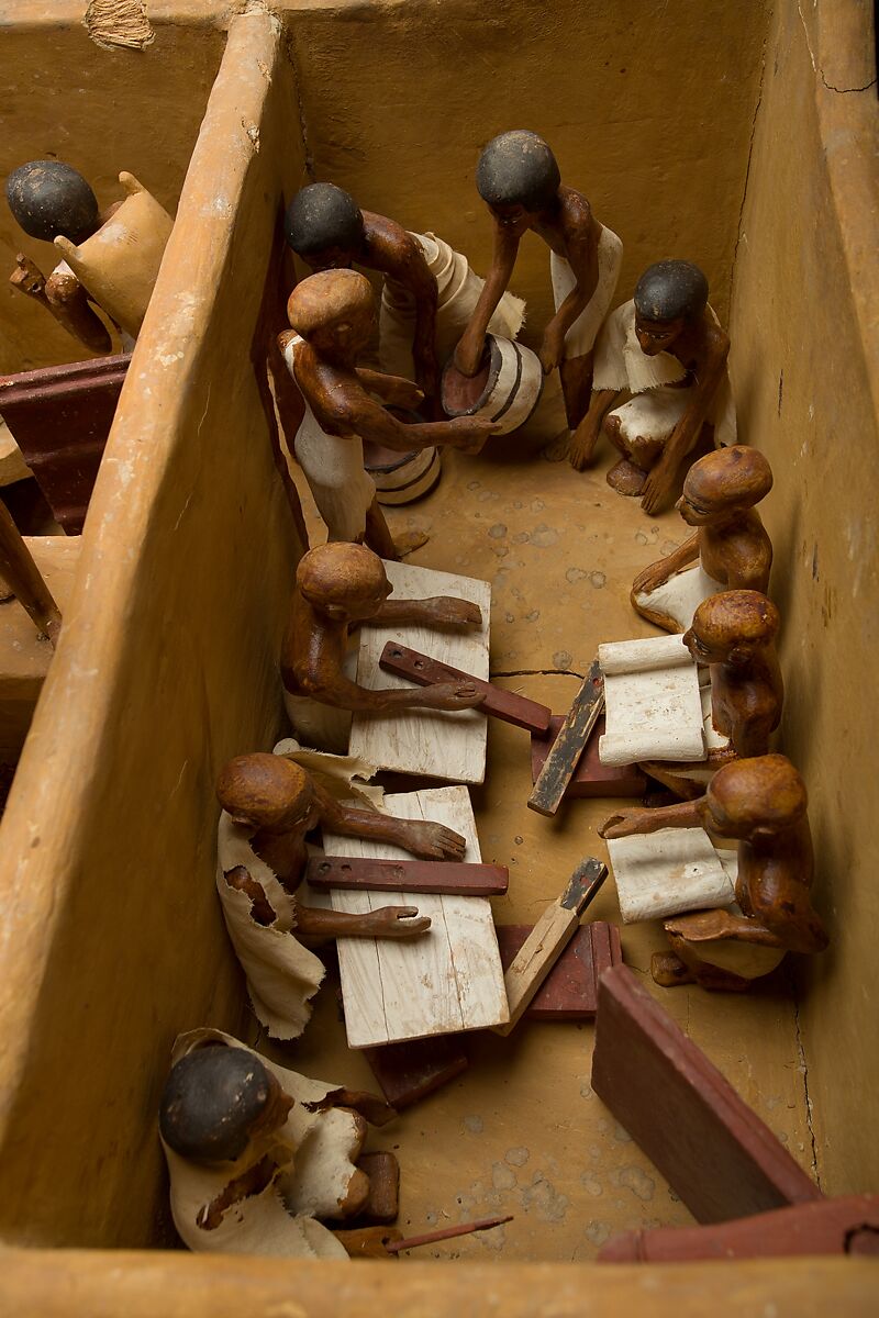 Model of a Granary with Scribes, Wood, plaster, paint, linen, grain