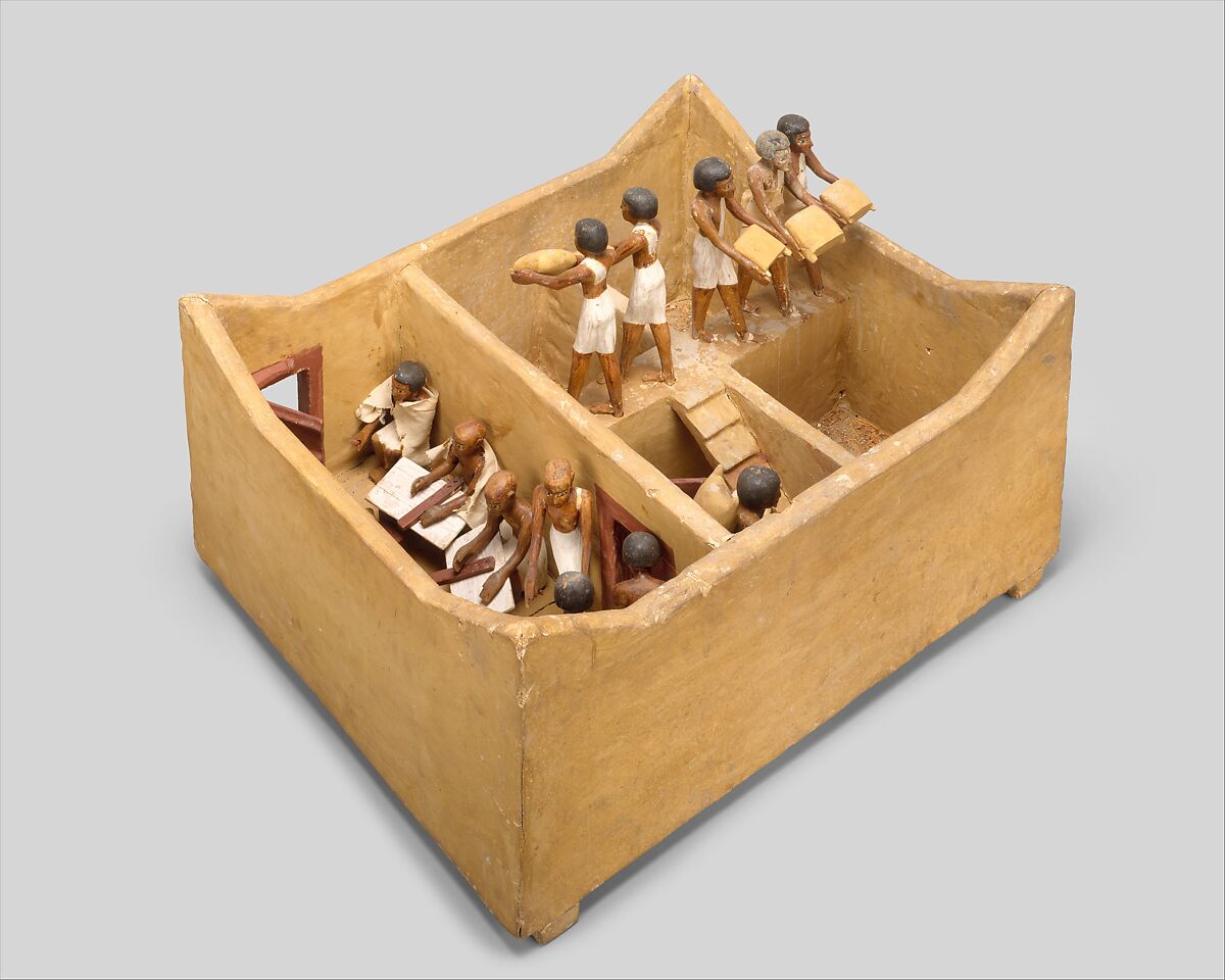 Model of a Granary with Scribes, Wood, plaster, paint, linen, grain