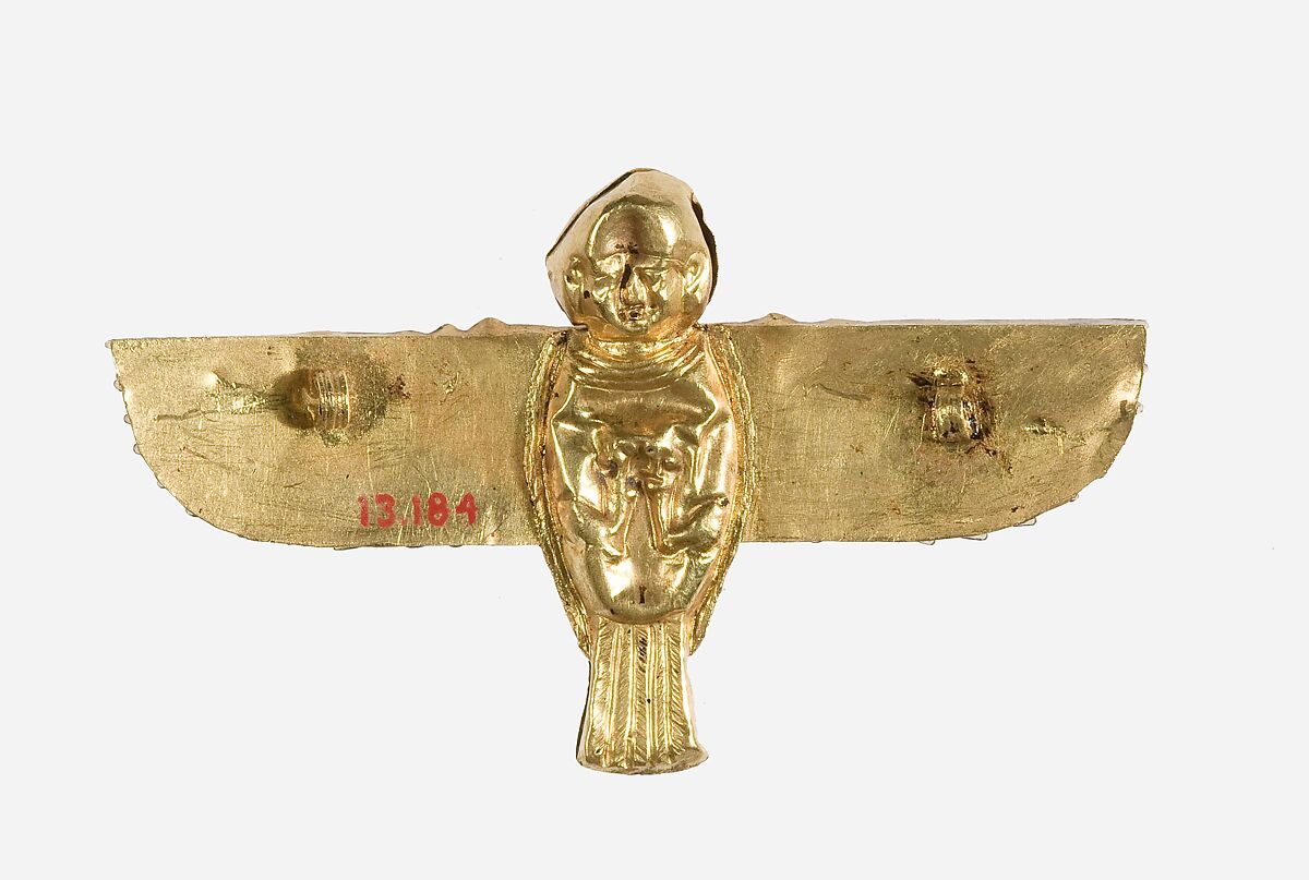 A pendant depicting a ba-bird with outstretched wings, Gold, lapis lazuli, turquoise, carnelian