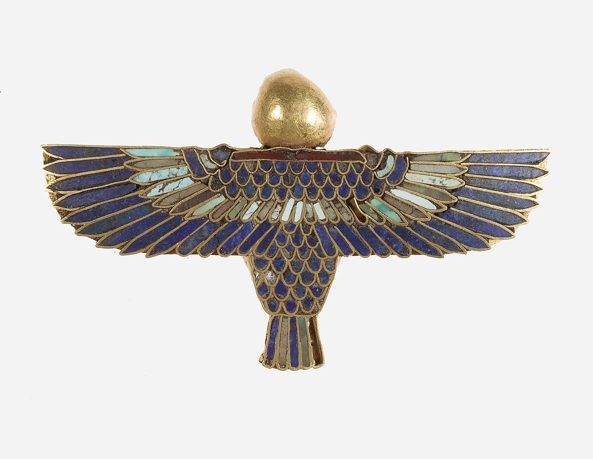 A pendant depicting a ba-bird with outstretched wings, Gold, lapis lazuli, turquoise, carnelian 