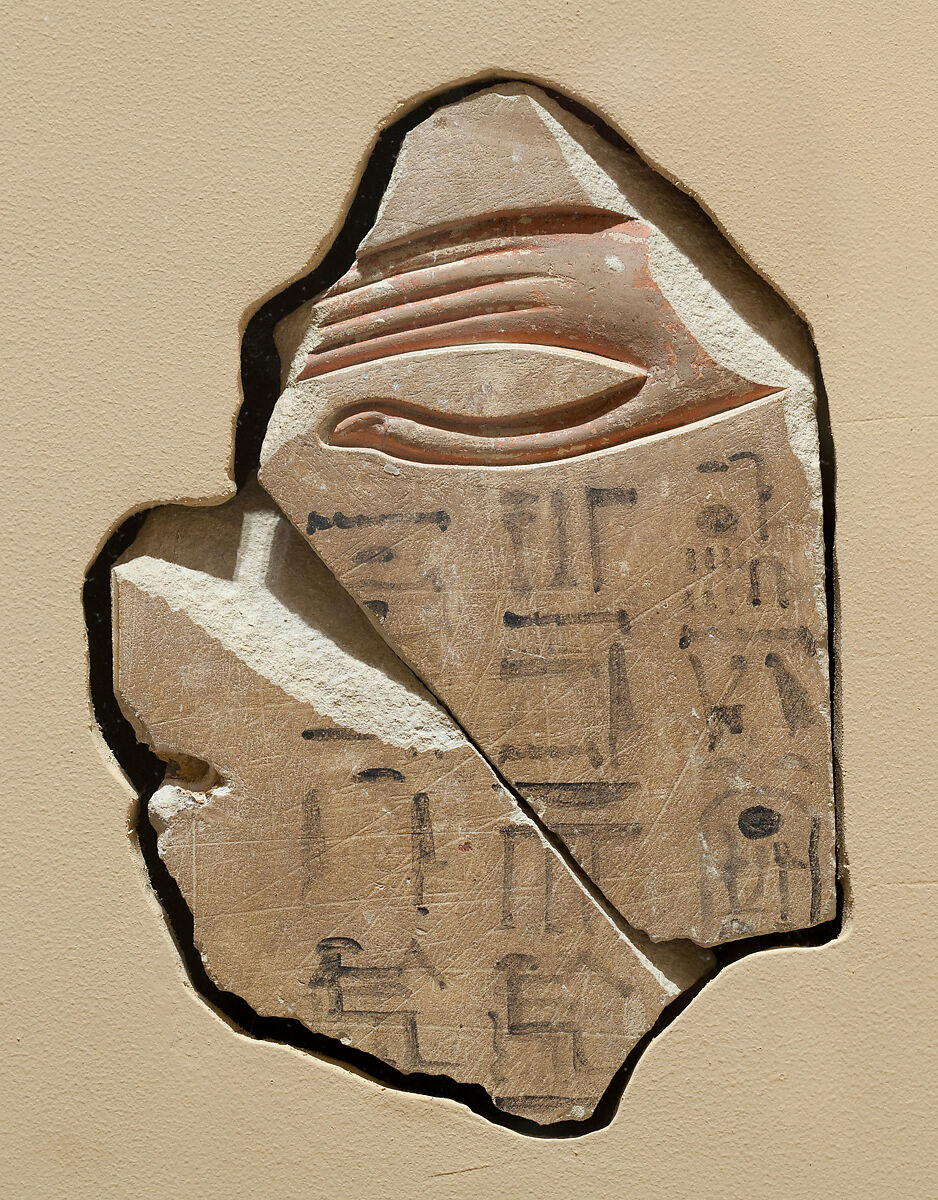 Relief showing Khety’s hand, with a graffito of Ramesside date, Limestone, paint 