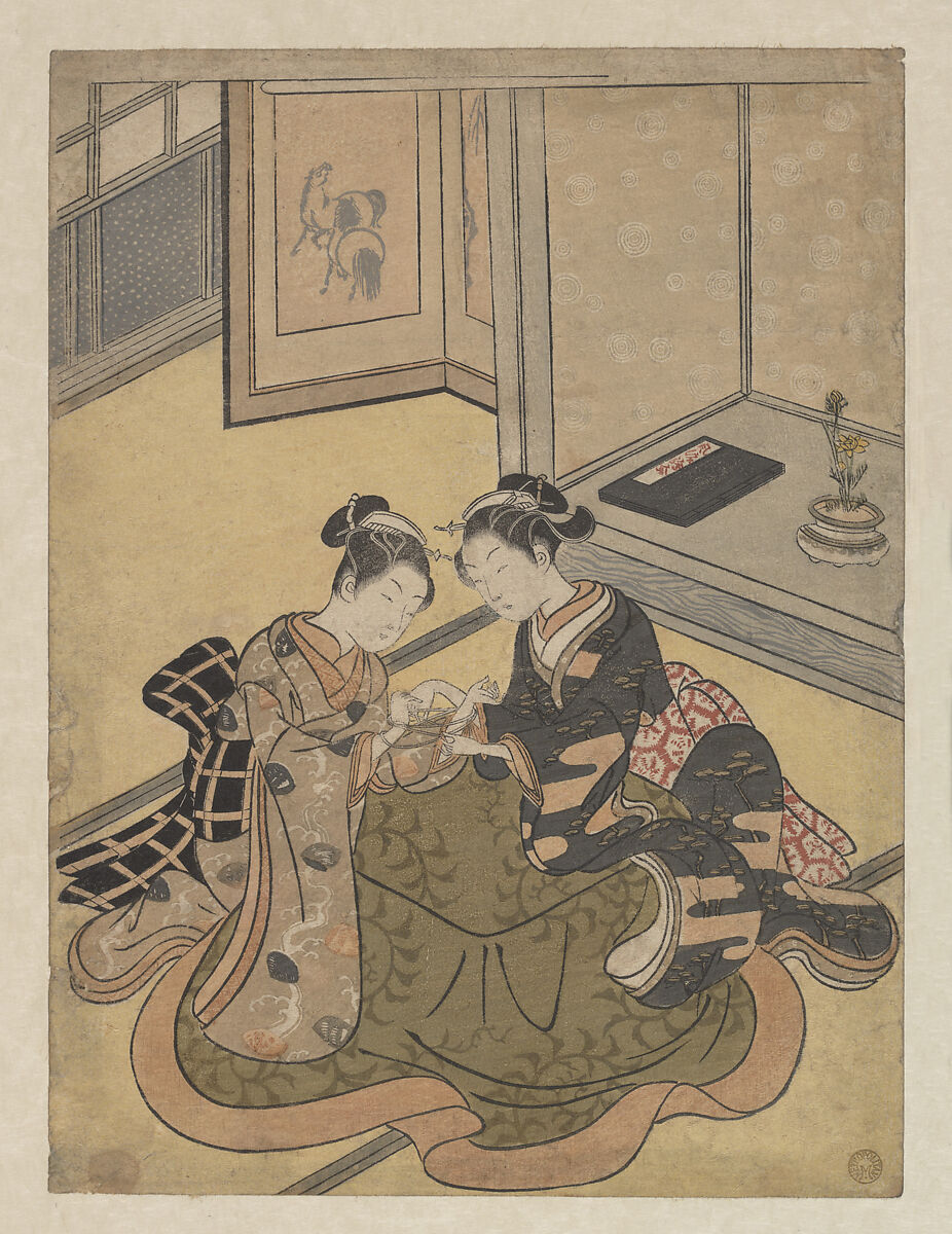 Young Women Playing Cat’s Cradle (Ayatori), Suzuki Harunobu (Japanese, 1725–1770), Woodblock print (nishiki-e); ink and color on paper, Japan 