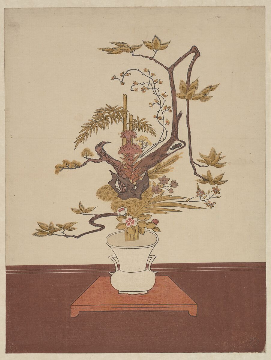 Ike Bana (Flower Arrangement) in the Ike-no-bo Style, Suzuki Harunobu (Japanese, 1725–1770), Woodblock print; ink and color on paper, Japan 