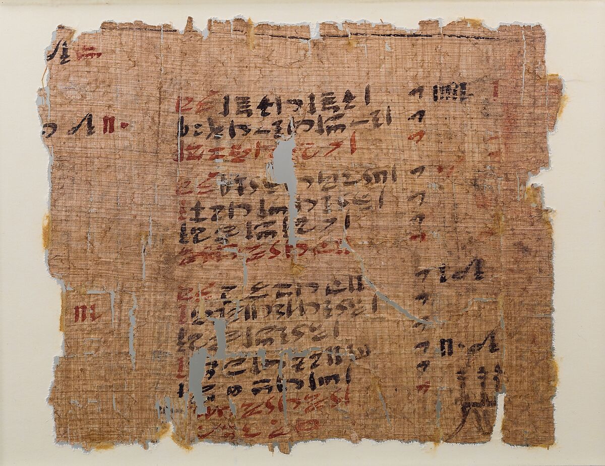 Papyrus inscribed with an account and a religious text, Papyrus, ink