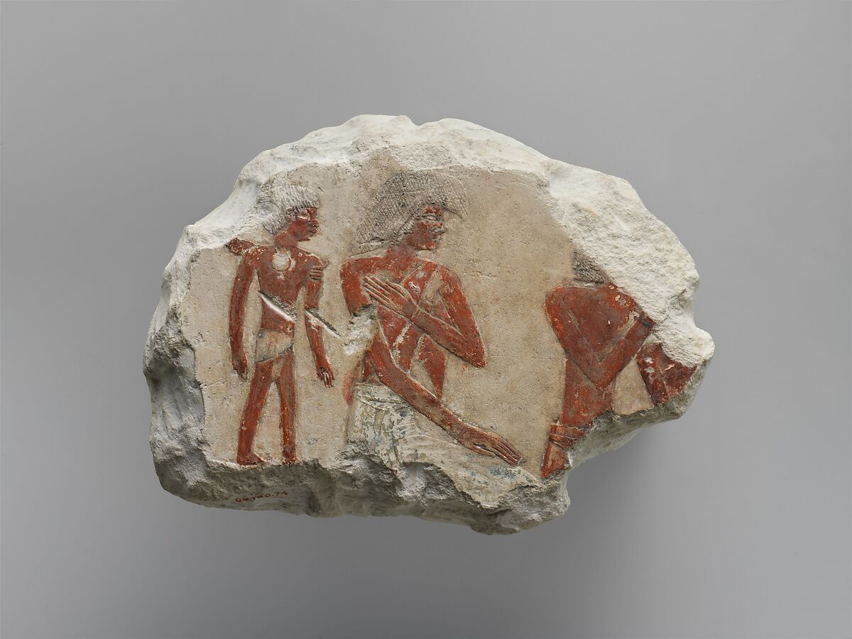 Fragments depicting a group of foreigners including a child, Limestone, paint 