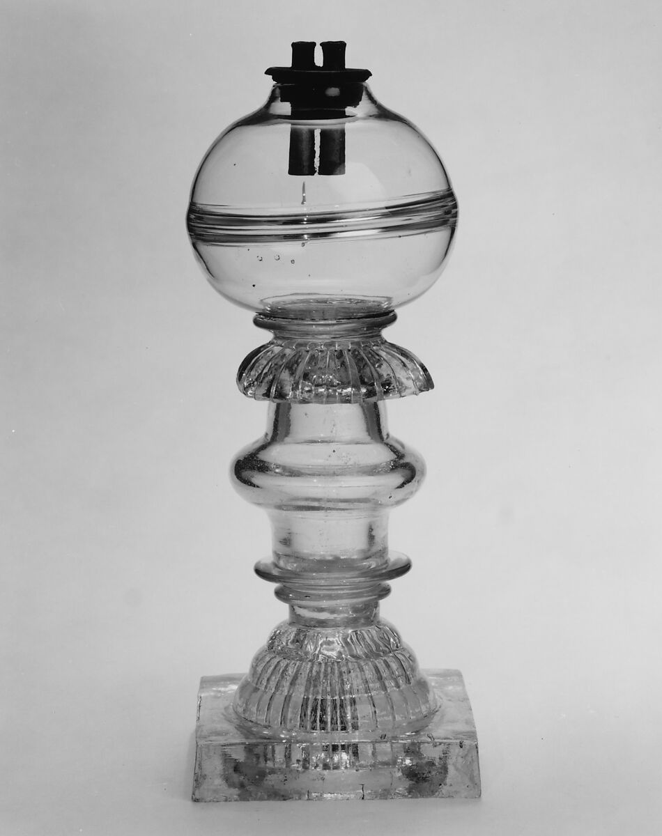 Whale Oil Lamp, Probably designed by Thomas Cains (active 1812–ca. 1820), Free-blown lead glass, American