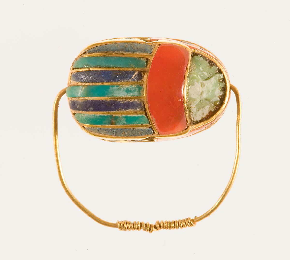 Scarab ring of Sithathoryunet, Gold, carnelian, lapis lazuli, and turquoise, bedding material