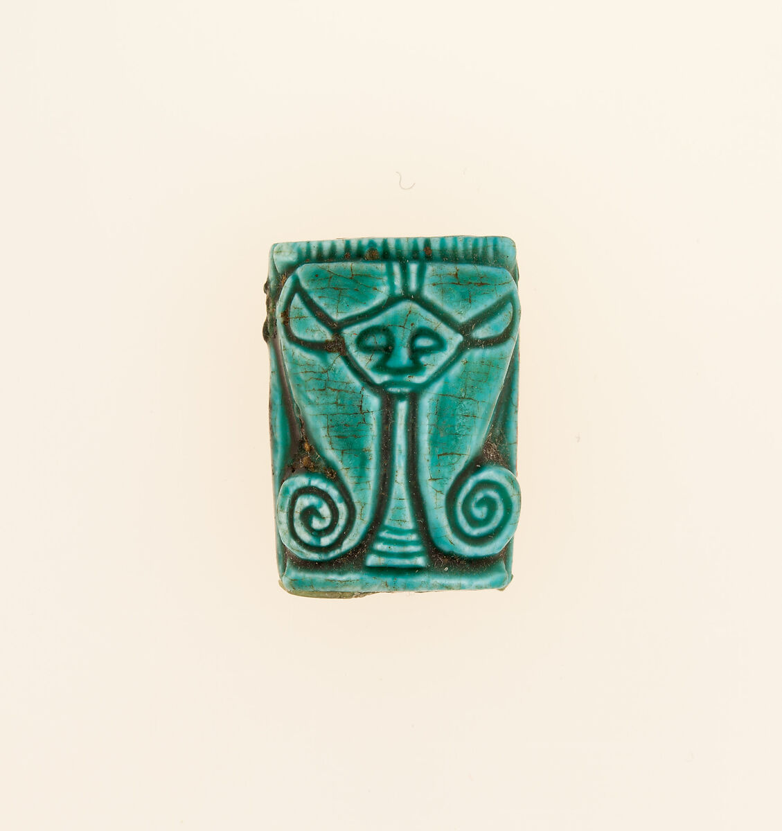Plaque Bead with the Name of Amenhotep I, Head of Hathor on the Reverse, Faience, paint 