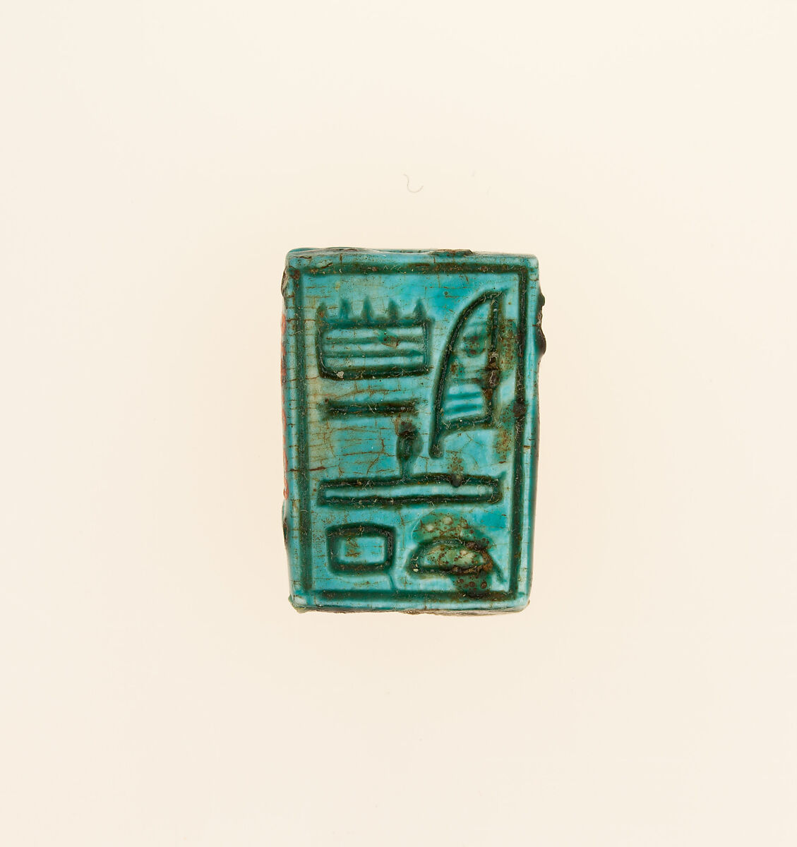 Plaque Bead with the Name of Amenhotep I, Head of Hathor on the Reverse, Faience, paint