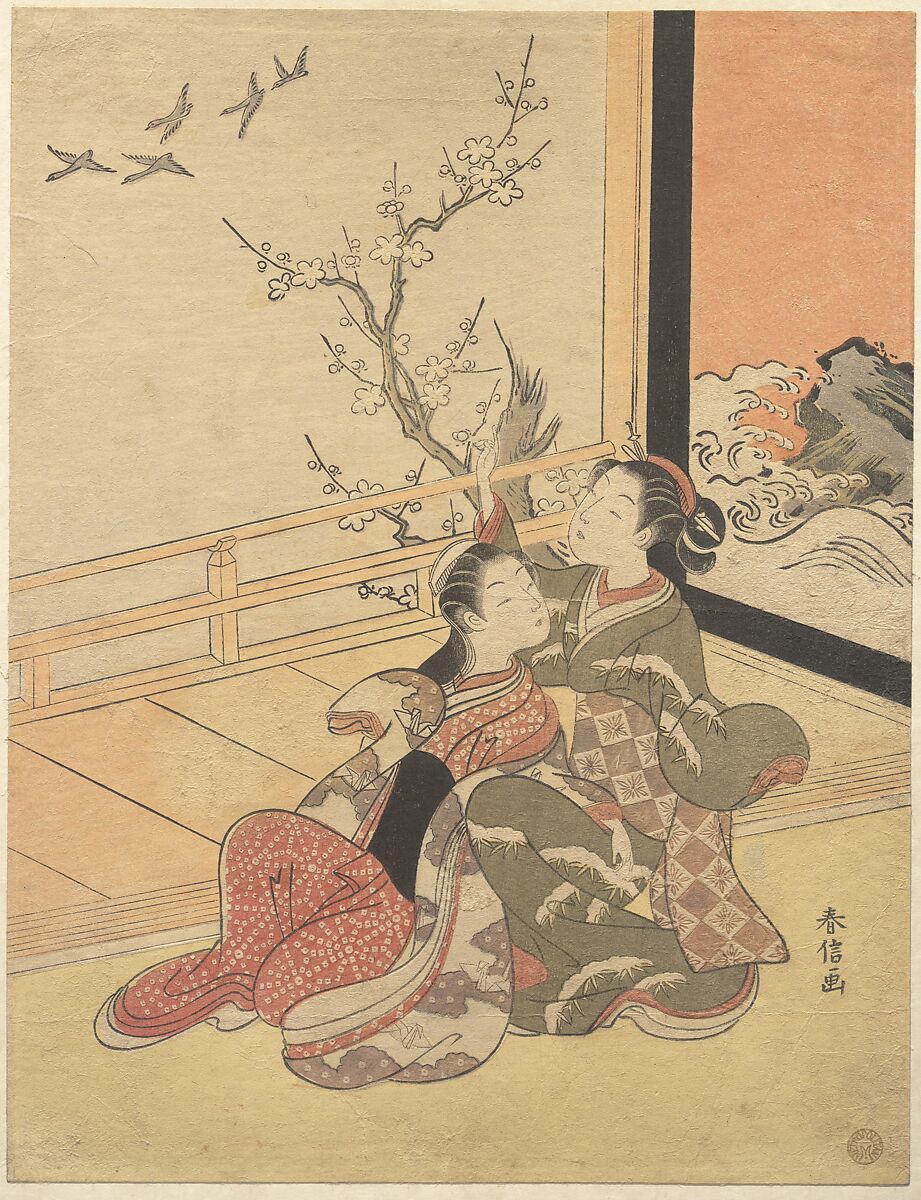 See Them Fly, Suzuki Harunobu (Japanese, 1725–1770), Woodblock print; ink and color on paper, Japan