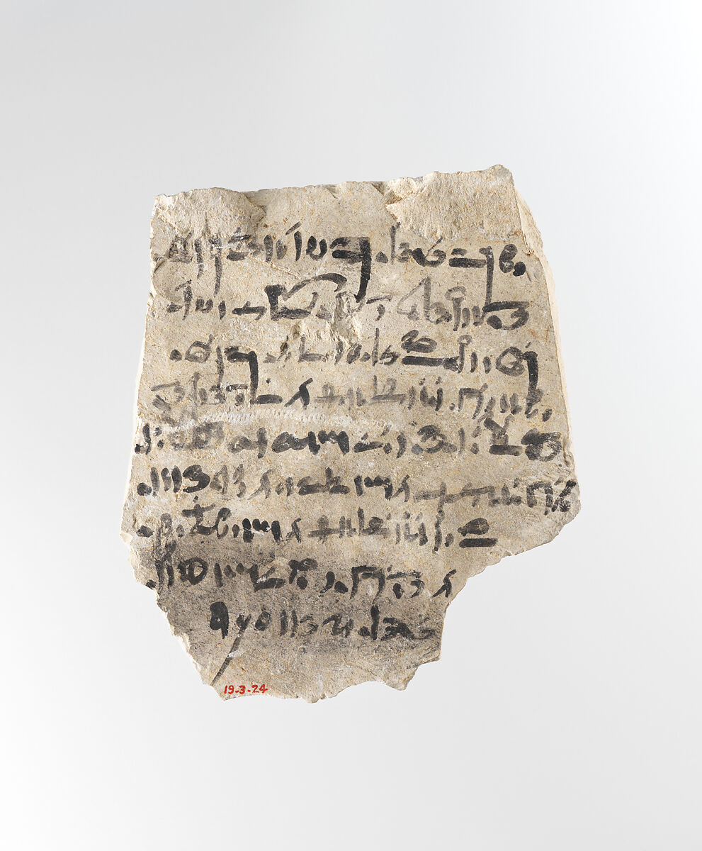 Ostracon with hieratic inscription, Limestone, ink 