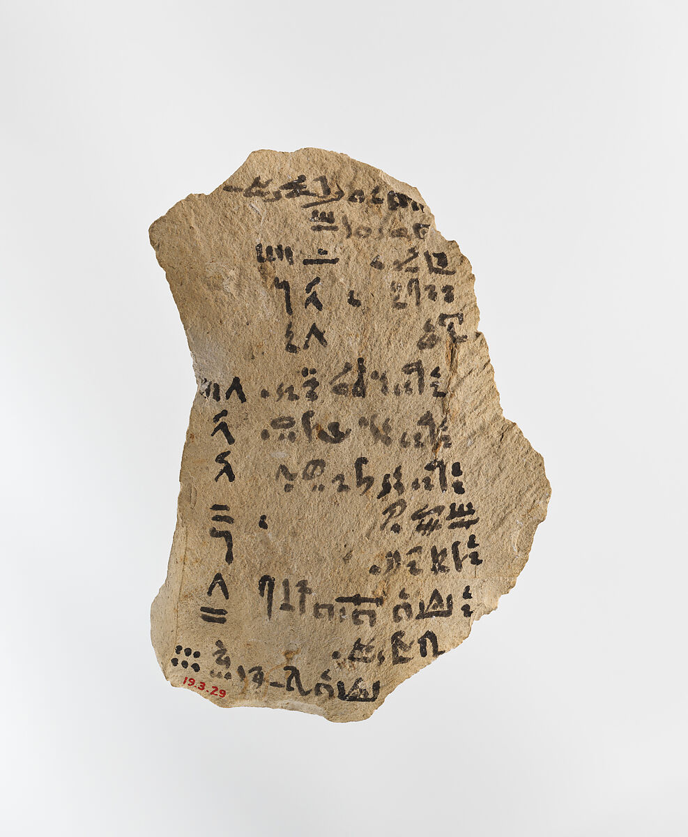 Ostracon with hieratic inscription, Limestone, ink 