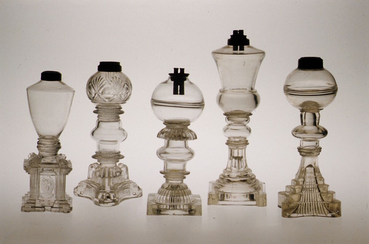 Whale-oil lamp, Probably designed by Thomas Cains (active 1812–ca. 1820), Free-blown and pressed glass, American
