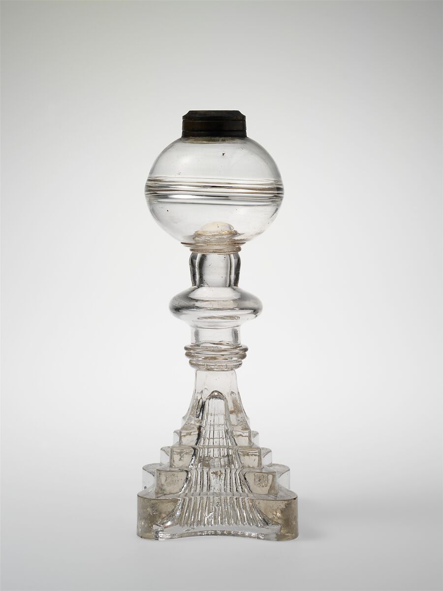 Whale-oil lamp, Probably designed by Thomas Cains (active 1812–ca. 1820), Free-blown and pressed glass, American 