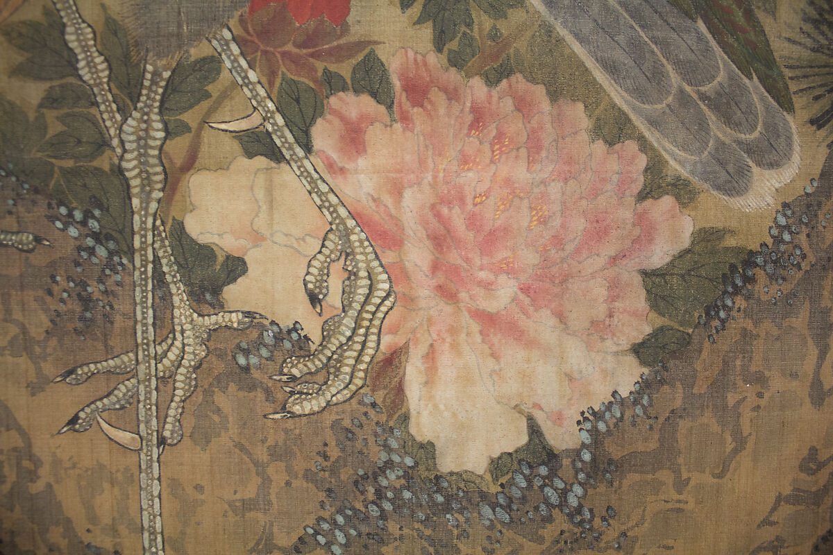 Peacocks, Pine Tree, and Peonies, Style of Lü Ji 呂紀 (Chinese, active late 15th century), Hanging scroll; ink and color on silk, Japan